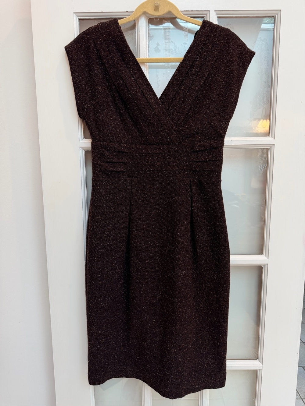 Vintage Banana Republic Y2K Wool Silk Dark Brown Tweed V-Neck Dress Size 6 Small